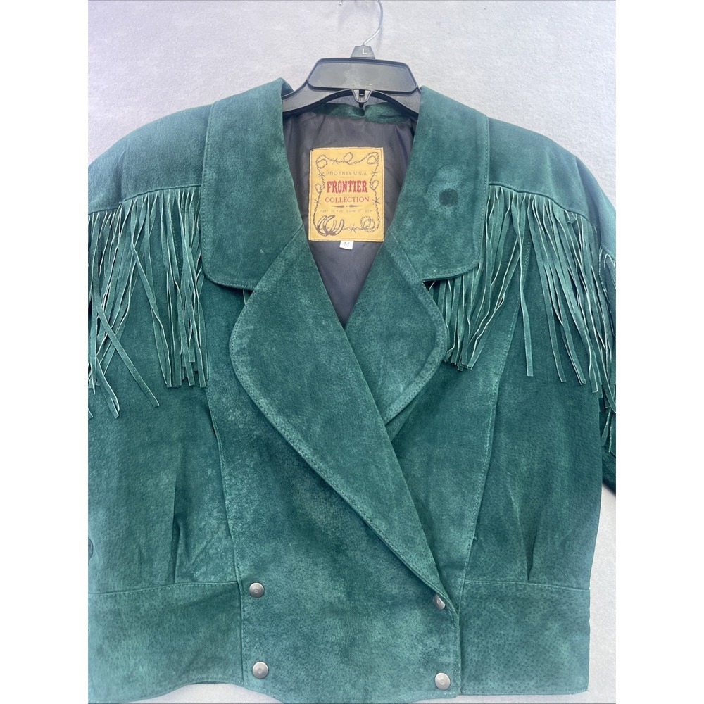 Frontier Collection Womens M Western Green Leather Suede Fringe Jacket USA Vtg - Picture 1 of 14
